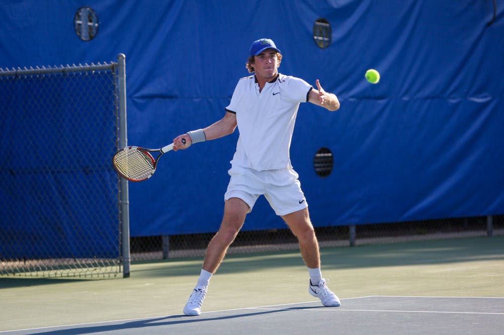 <p>Oliver Crawford got his third-straight singles win over a ranked opponent in Sunday's 5-2 win over No. 22 Tennessee.</p>