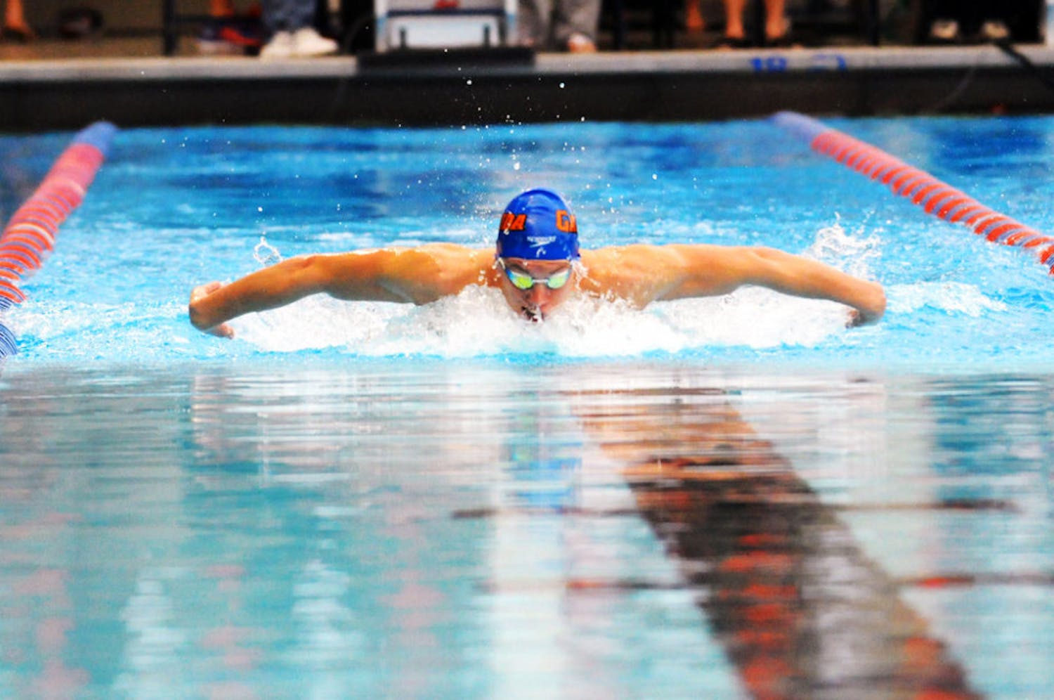 Jan Switkowski races in the 200 meter butterfly during Florida’s meet against Auburn on Jan. 23, 2016, in the O’Connell Center.