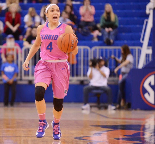 Carlie Needles calls out to her teammates during Florida’s 87-54 victory against Alabama on Feb. 3 in the O’Connell Center.
