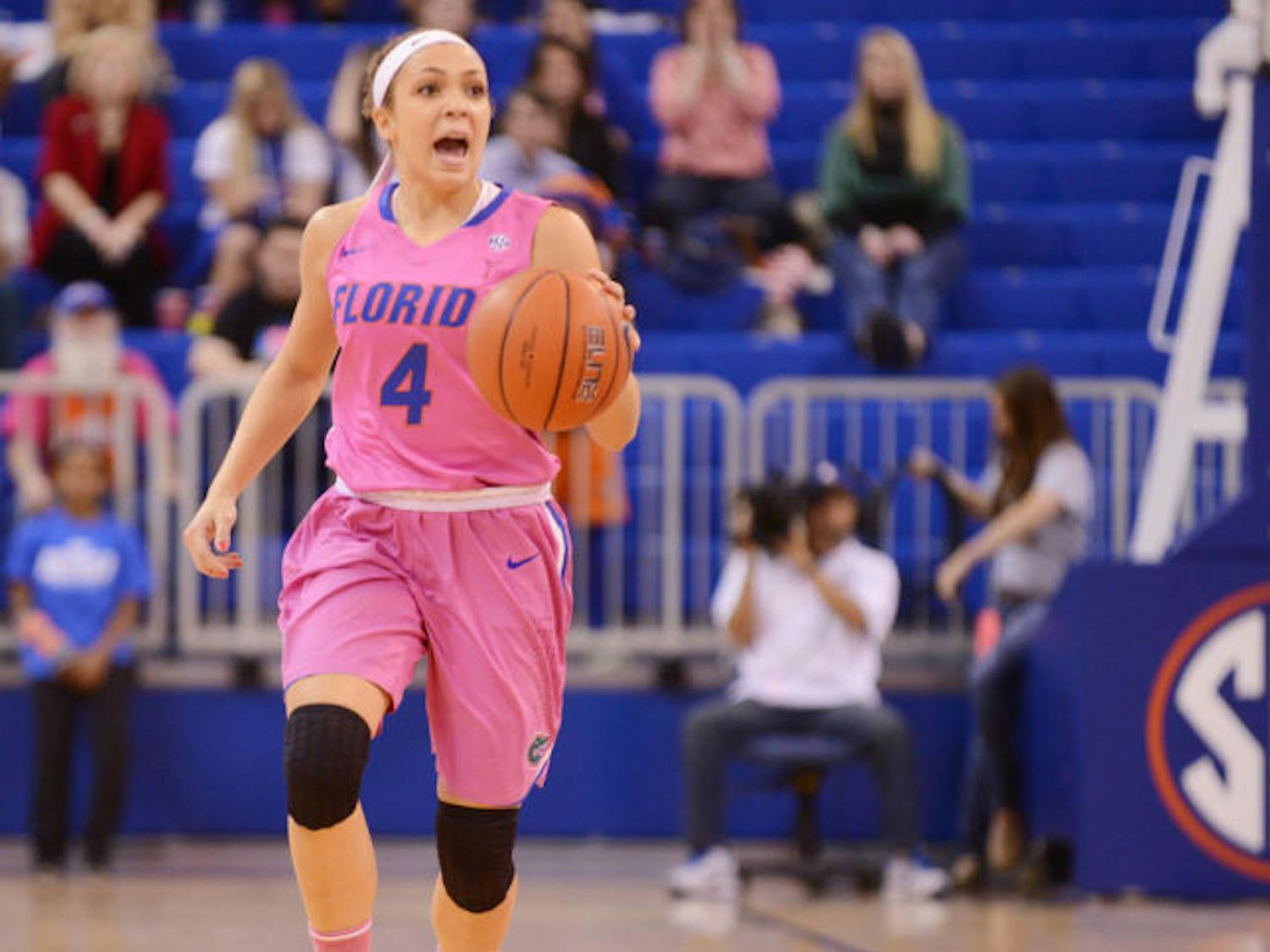 Carlie Needles calls out to her teammates during Florida’s 87-54 victory against Alabama on Feb. 3 in the O’Connell Center.