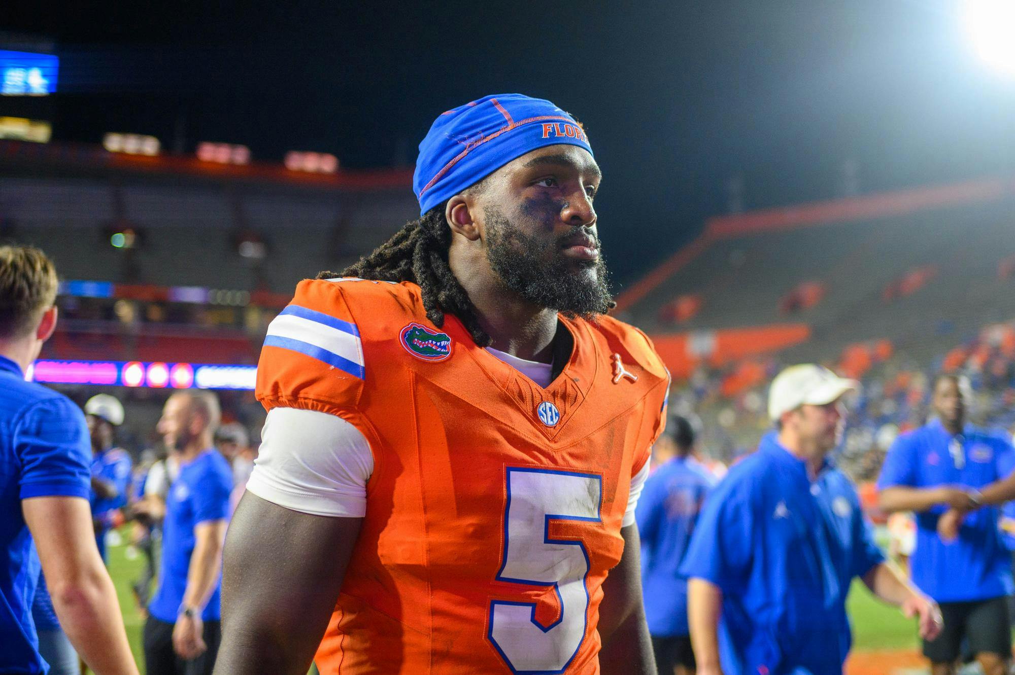 Florida inside linebacker Myles Graham (5) walks off the field after an NCAA college football game against Campbell, Saturday, Sept. 12, 2026, in Gainesville, Fla.
