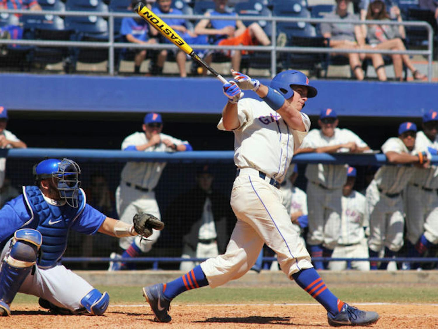 Catcher Taylor Gushue (17) swings during Florida’s 11-5 loss to Kentucky on March 16 at McKethan Stadium. Gushue finished the game 1 for 4 at the plate.