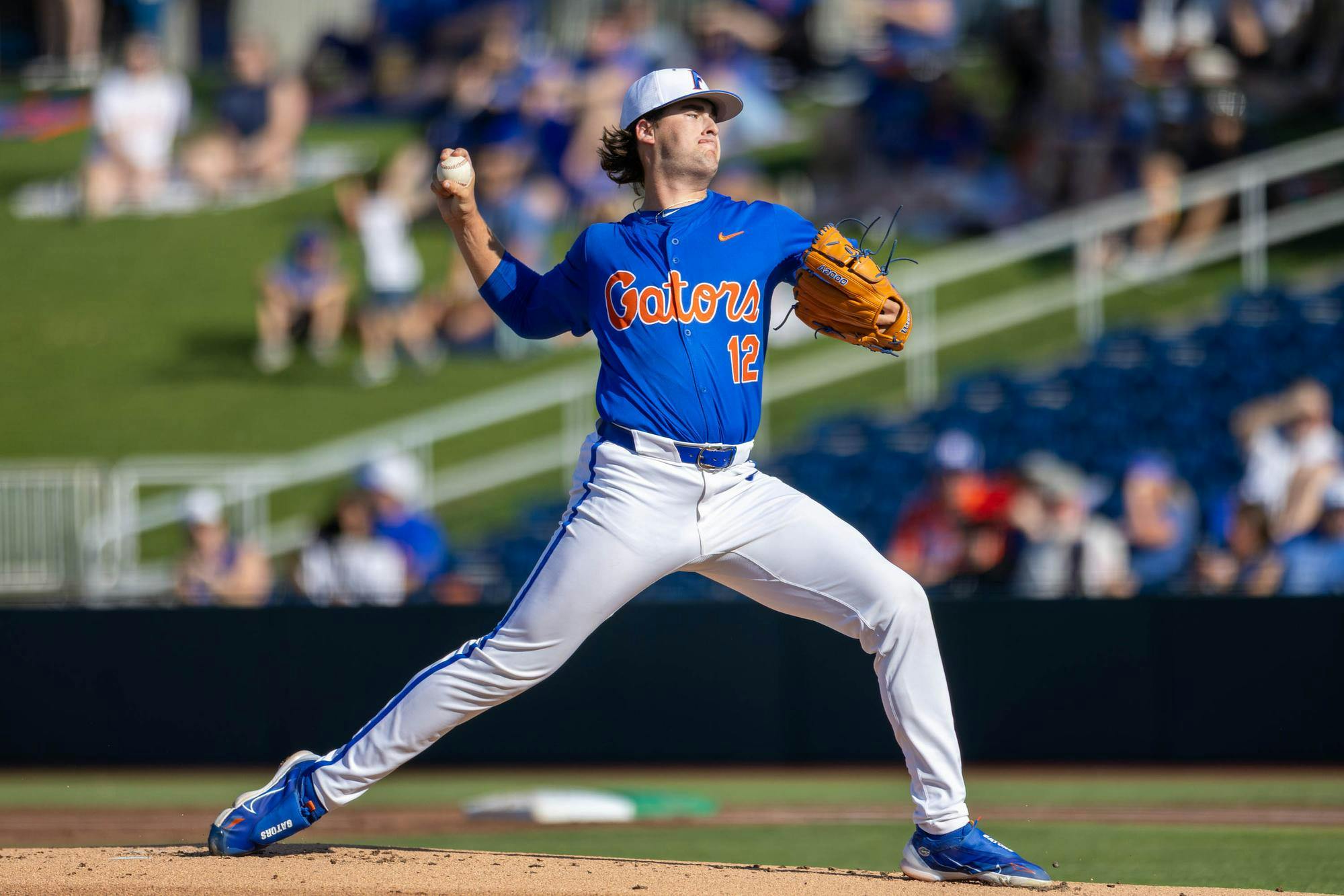 Florida right-handed pitcher Liam Peterson (12) pitches during an NCAA college baseball game against Auburn at Condron Family Ballpark in Gainesville, Fla., Friday, April 17, 2026.