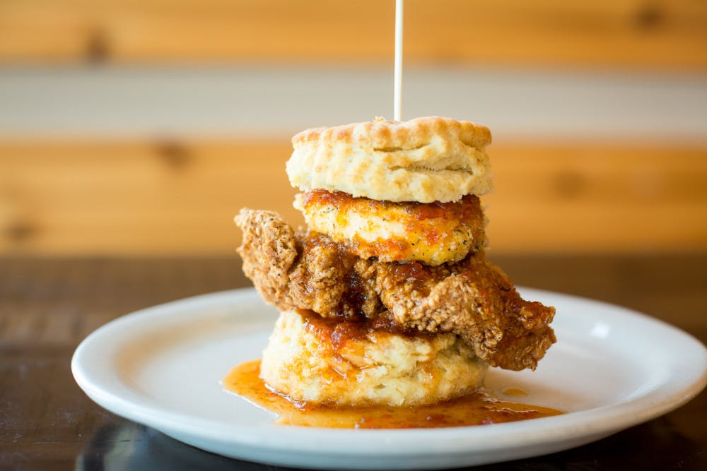<p>The "Squawking Goat" is Maple Street Biscuit Company's fried chicken sandwich topped with goat cheese. </p>