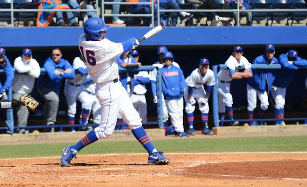 <p><span>Sophomore Justin Shafer swings during Florida’s 16-5 win against Duke on Sunday at McKethan Stadium.&nbsp;</span></p>
<div><span>&nbsp;</span></div>