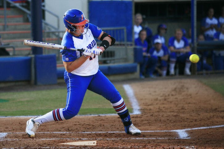 Sophomore pitcher and first baseman Lauren Haeger swings during Florida’s 6-5 win against Tennessee on March 15 at Katie Seashole Pressly Stadium. Haeger hit her first home run since March 22 in the Gators' 7-4 win against the No. 18 Wildcats.