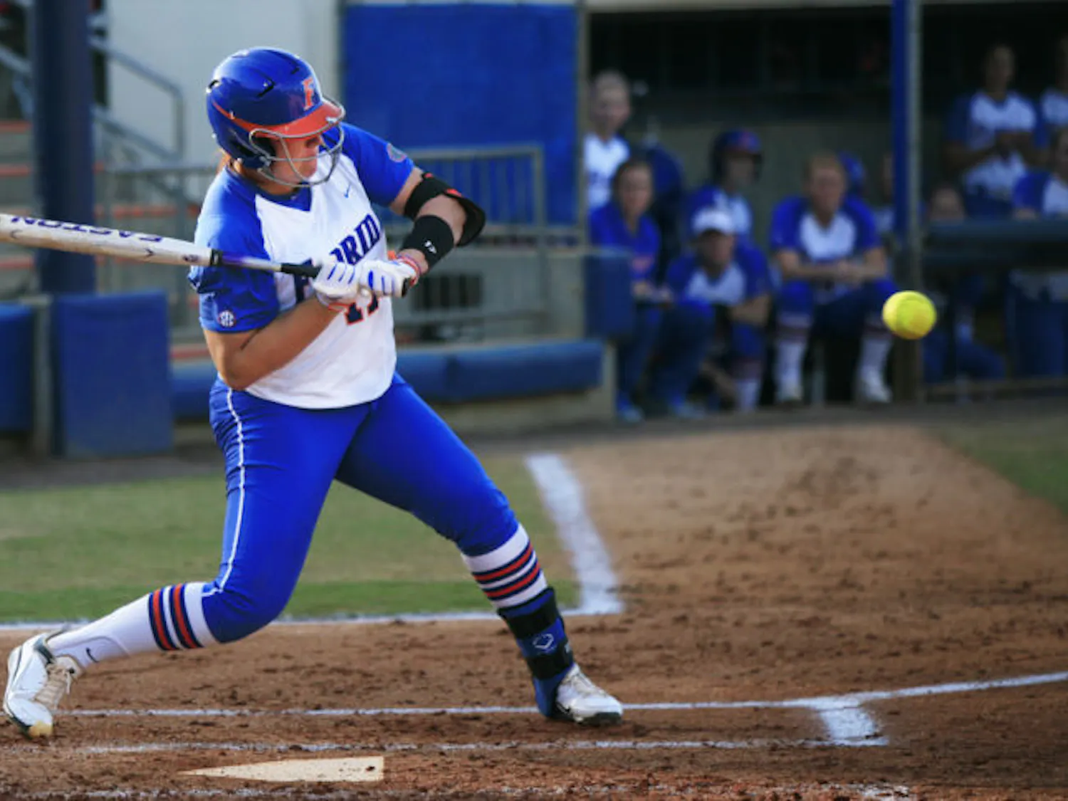 Sophomore pitcher and first baseman Lauren Haeger swings during Florida’s 6-5 win against Tennessee on March 15 at Katie Seashole Pressly Stadium. Haeger hit her first home run since March 22 in the Gators' 7-4 win against the No. 18 Wildcats.