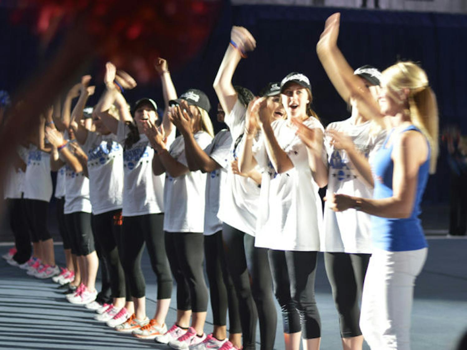 UF’s Gymnastics team celebrates its victory at the Stephen C. O’Connell Center on Monday evening. The team won first place at the national championships held in Los Angeles. They’re one of five teams to ever win a national championship in gymnastics.