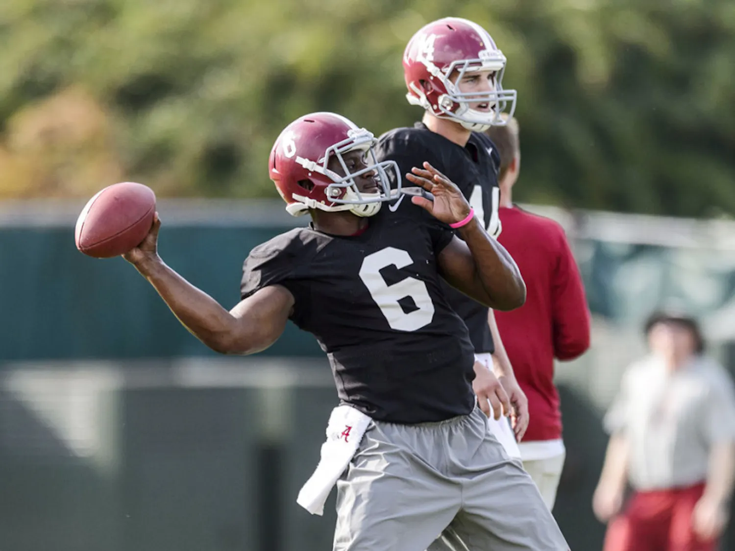 Alabama quarterback Blake Sims (6) throws as he works through drills during Alabama football practice on Monday at the Thomas-Drew Practice Facility in Tuscaloosa, Ala.