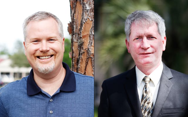 Left: Commissioner Ed Braddy. Right: Incumbent Mayor Craig Lowe. The Gainesville mayoral runoff election between them is Tuesday.