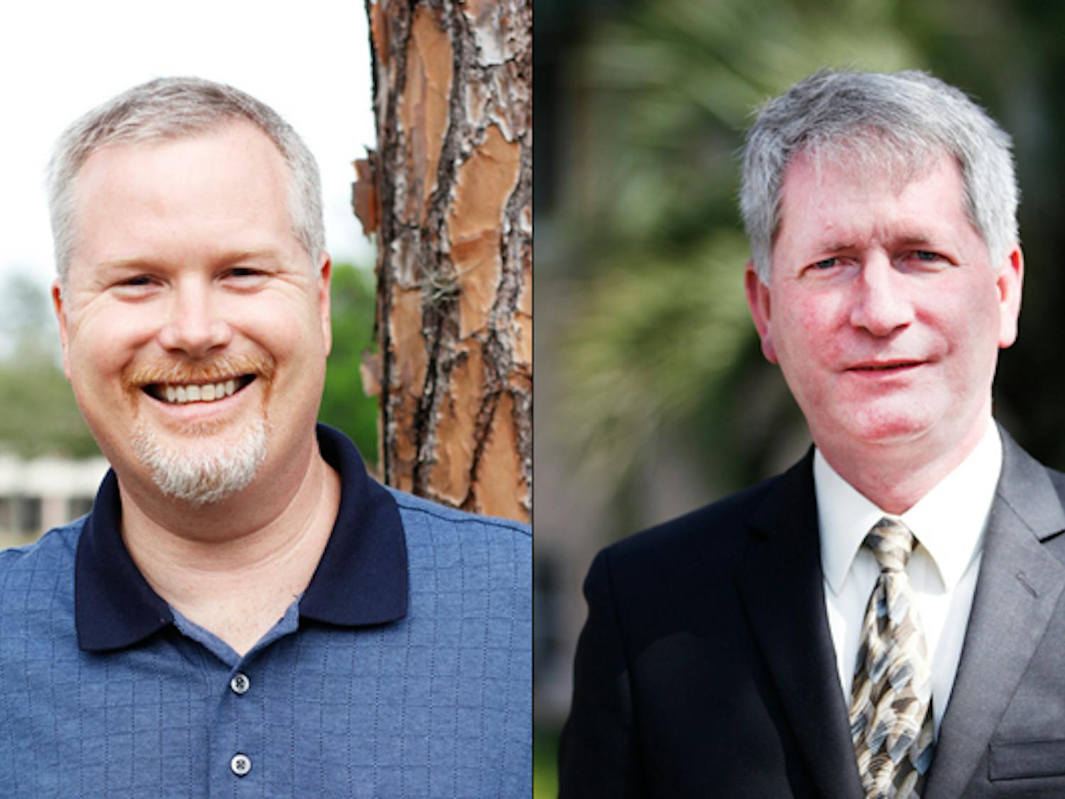 Left: Commissioner Ed Braddy. Right: Incumbent Mayor Craig Lowe. The Gainesville mayoral runoff election between them is Tuesday.