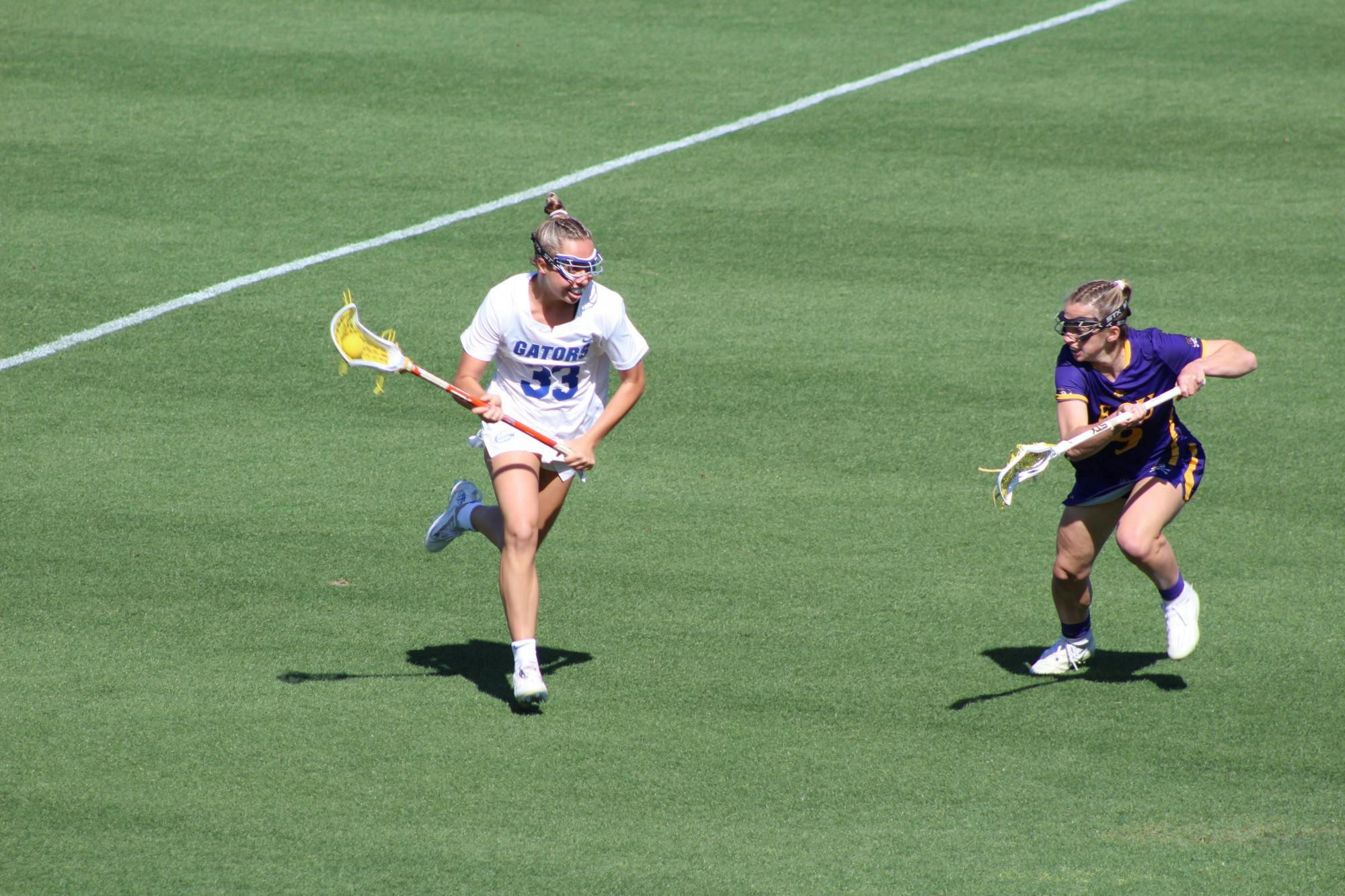 Defender Kaitlyn Dabkowski attacks the East Carolina net on April 1.