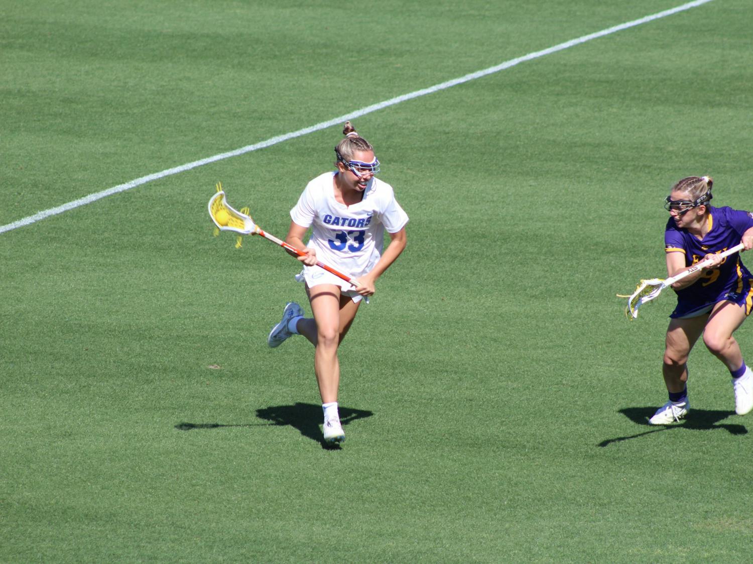 Defender Kaitlyn Dabkowski attacks the East Carolina net on April 1.