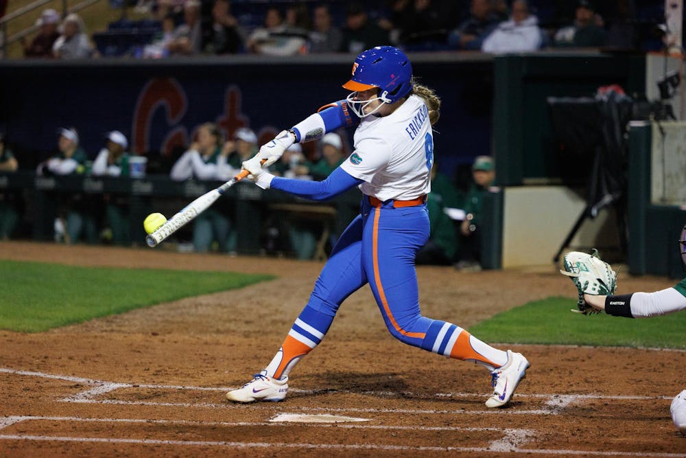 Florida Gators catcher Jocelyn Erickson hits the ball during an NCAA softball game against Jacksonville, Wednesday, Feb. 11, 2026, in Gainesville, Fla.