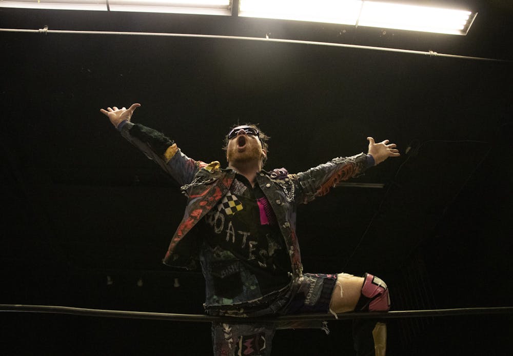<p>Bobby Orlando stands on the ring ropes during the FEST Wrestling Liquid Death<em> </em>Battle Royale at Knockin&#x27; Boots Saloon on Saturday, Oct. 30, 2021. </p>