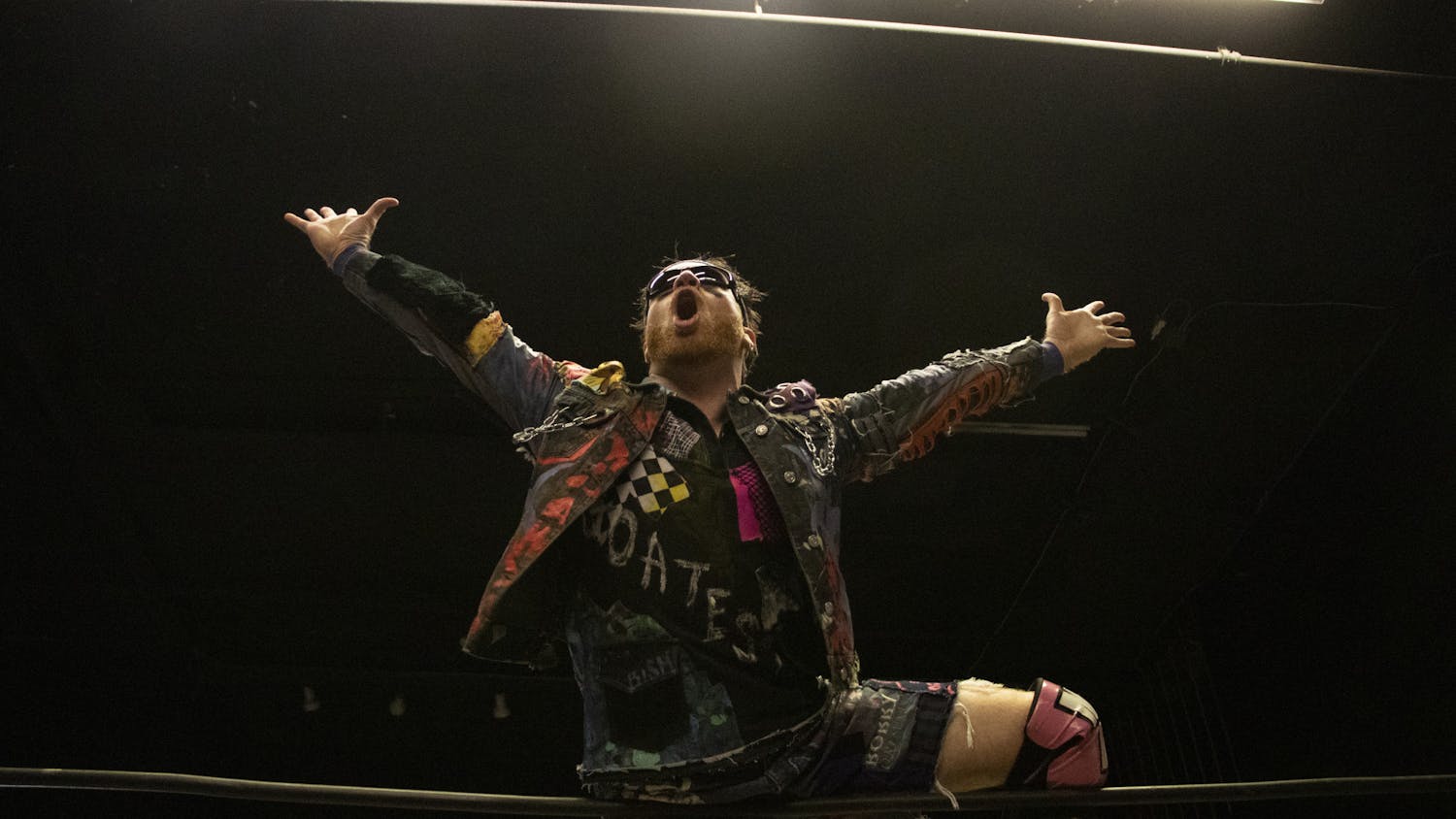 Bobby Orlando stands on the ring ropes during the FEST Wrestling Liquid Death Battle Royale at Knockin&#x27; Boots Saloon on Saturday, Oct. 30, 2021. 