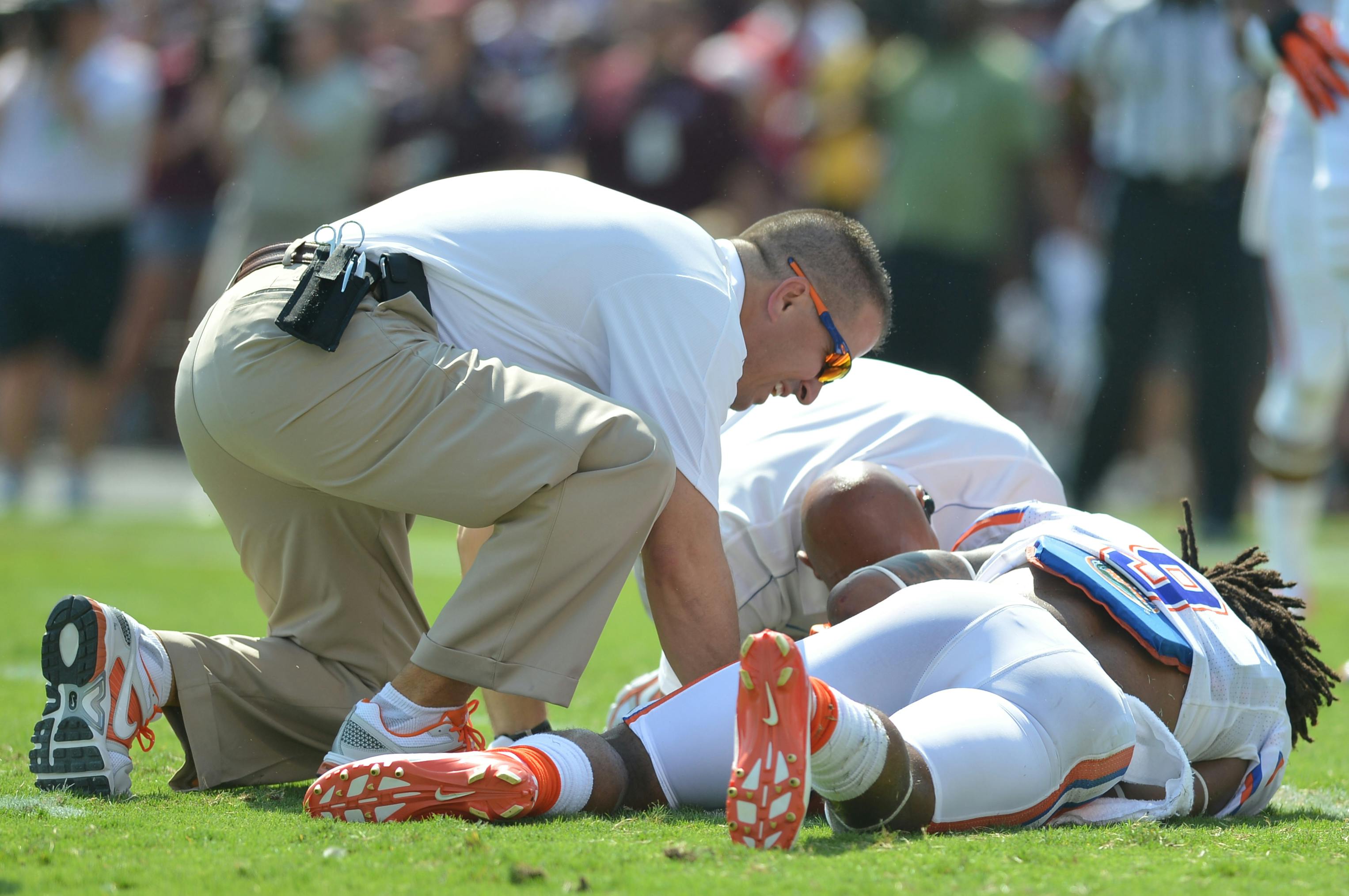 Josh Evans hurt his shoulder trying to tackle Texas A&amp;M running back Ben Malena in the first half on Saturday at Kyle Field. Evans didn't return to the game.