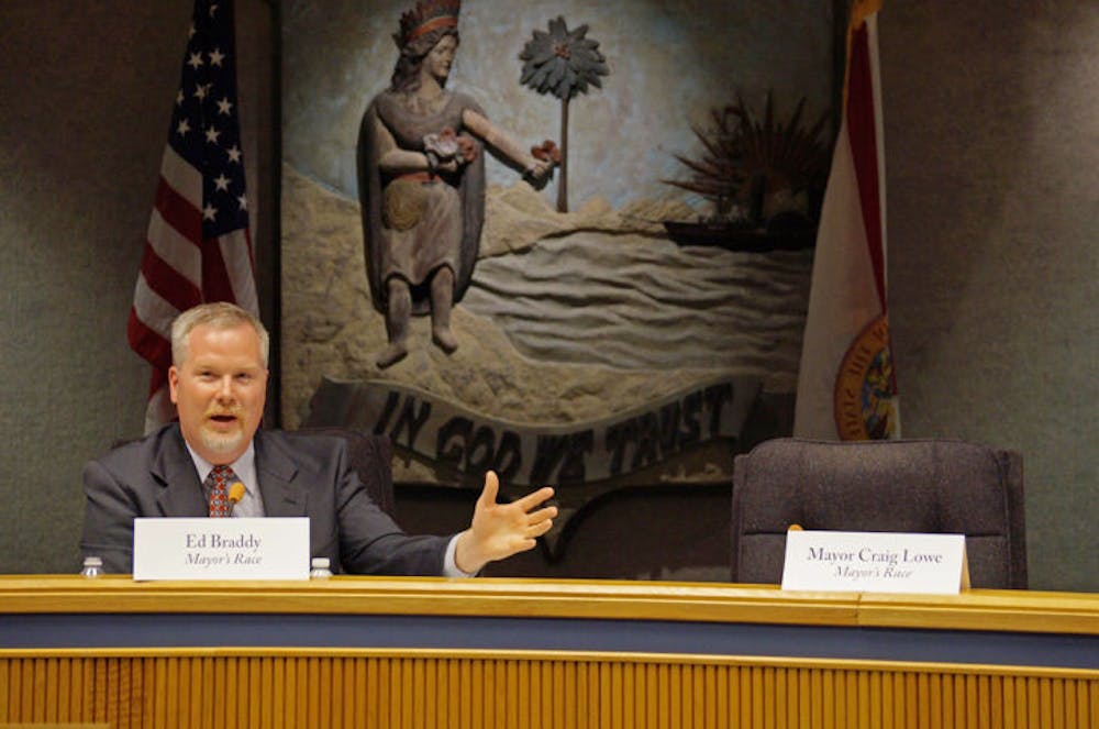 <p>Gainesville mayoral candidate Ed Braddy participates in the Alachua County Black Democratic Caucus on Monday at 12 SE First St., sans Mayor Craig Lowe.</p>