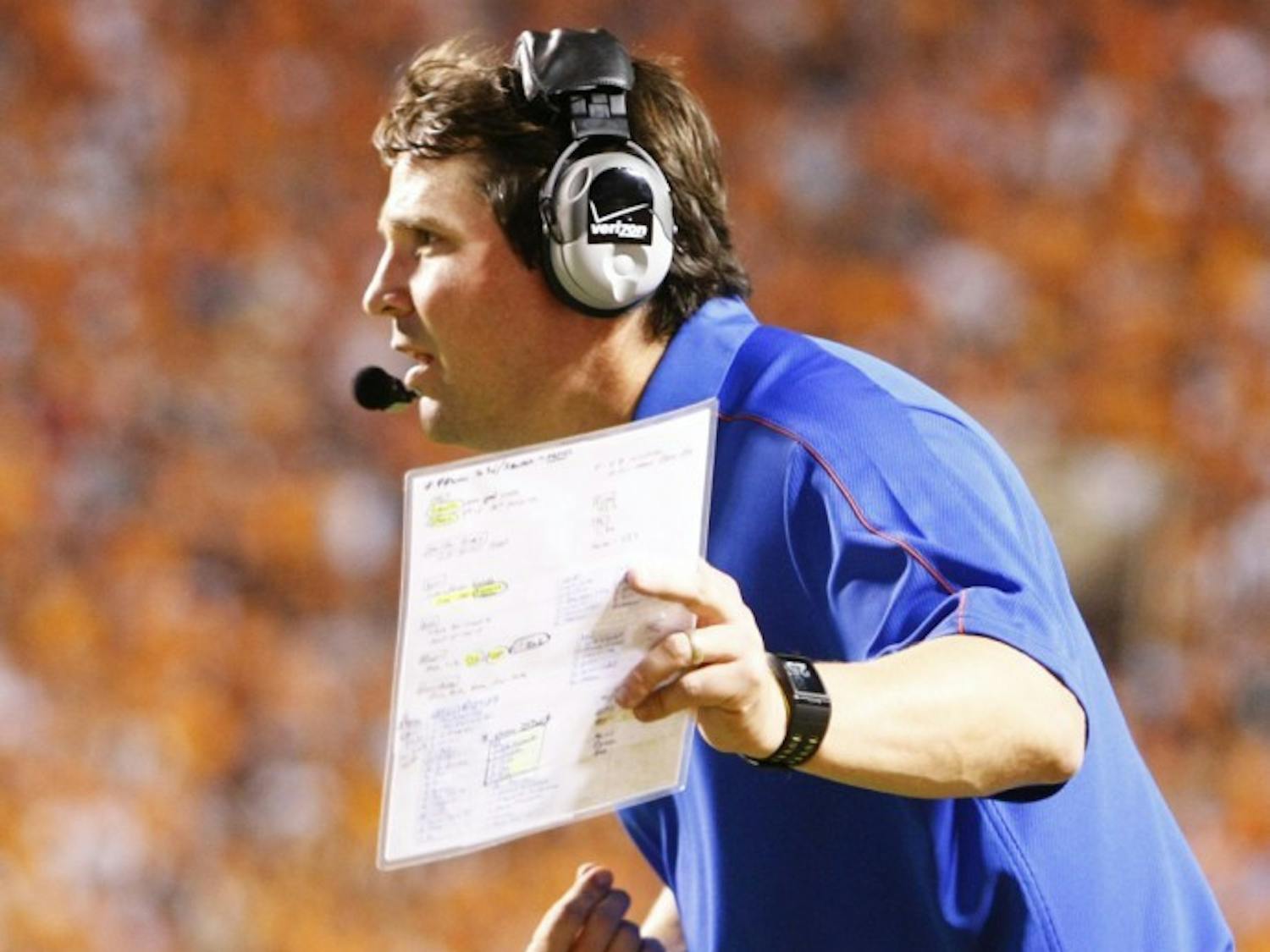 UF head coach Will Muschamp reacts to a penalty during UF's 37-20 win against Tennessee at Neyland Stadium on Saturday.