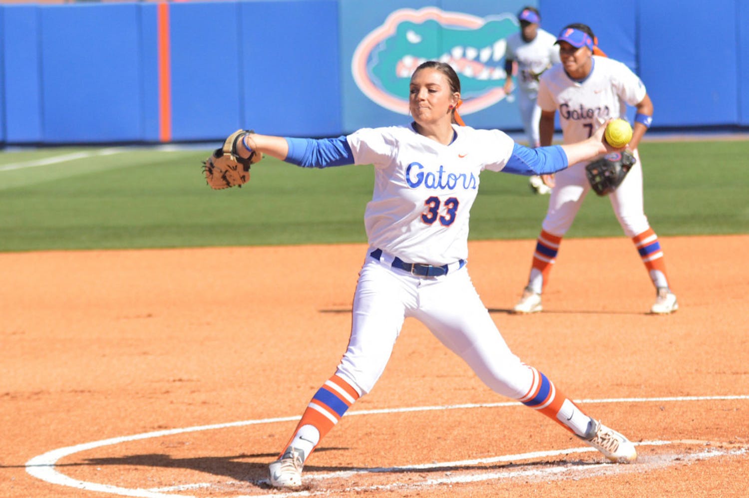 Delanie Gourley pitches from the circle in Florida’s 2-0 victory against Ole Miss on March 9 at Katie Seashole Pressly Stadium. The freshman pitcher tossed the program’s first postseason no-hitter Friday in UF’s 8-0 win against Florida A&amp;M during the NCAA Tournament.