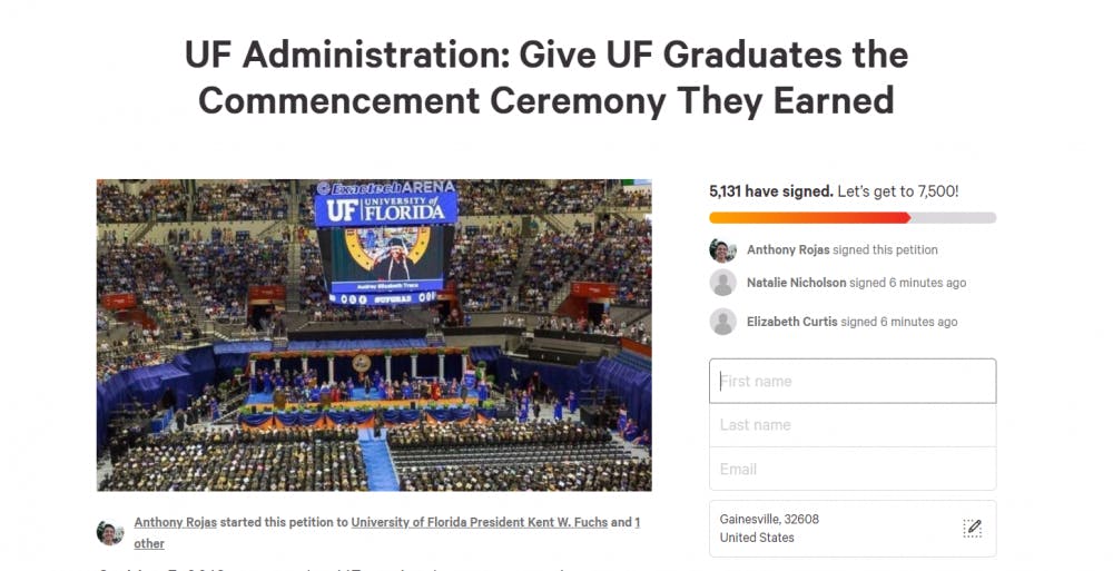 A capture of the petition circulating on change.org about UF's graudation