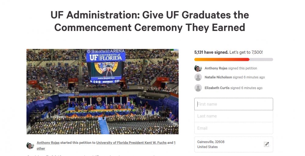 <p>A capture of the petition circulating on change.org about UF's graudation</p>