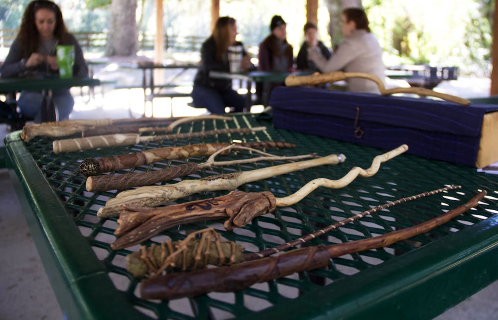 Finished wands are seen during a wand-making workshop at Bivens Arm Nature Park on Sunday, Nov. 14, 2021. The workshop, hosted by Worthwich School of Wizardry, was started by Maiko Mushanokoji in Austin, Texas in 2016.
