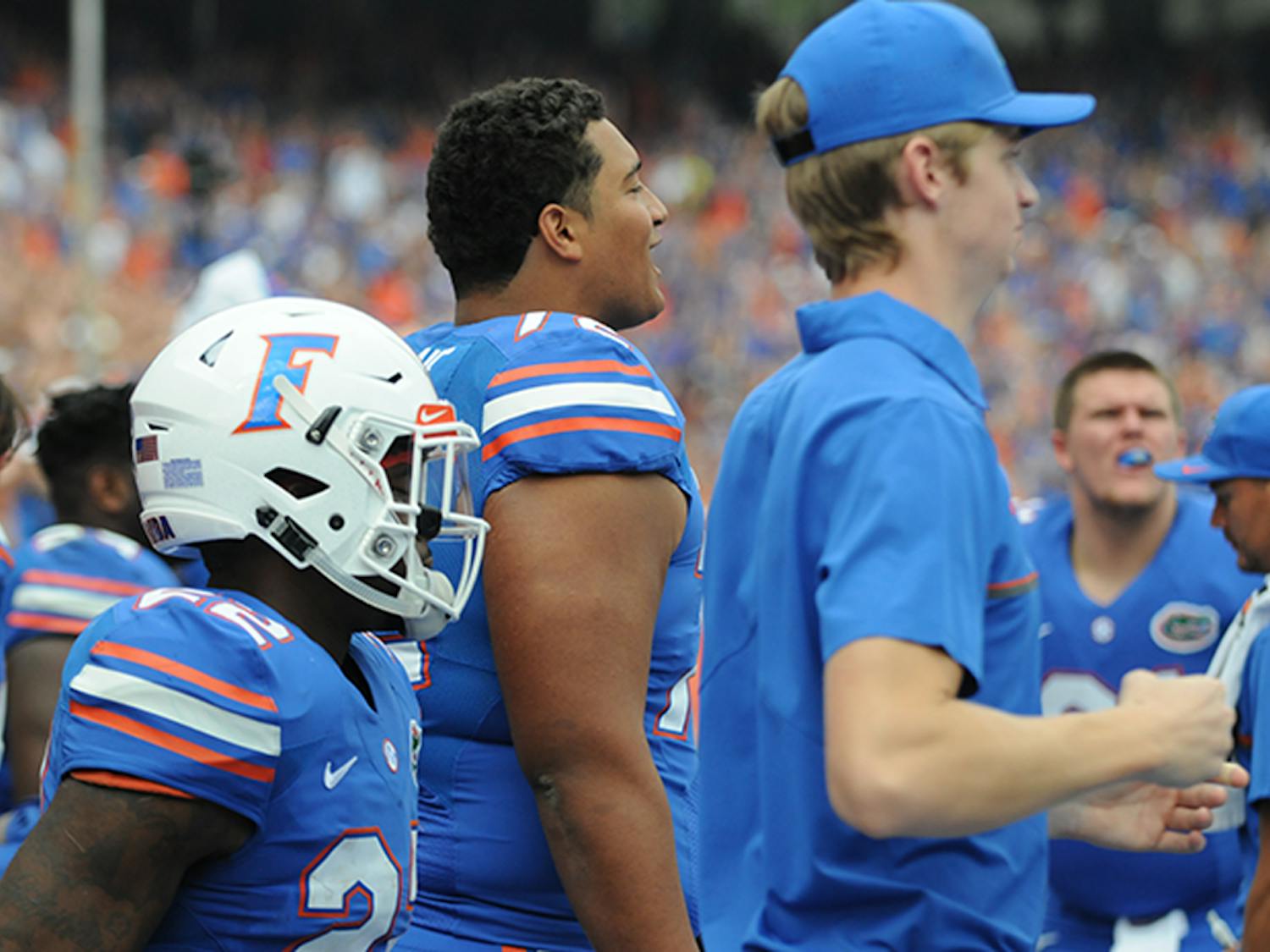 Stone Forsythe stands on the sideline during UF's win over South Carolina on Nov. 12, 2016. For height comparison, the player wearing the helmet is 5-foot-11.