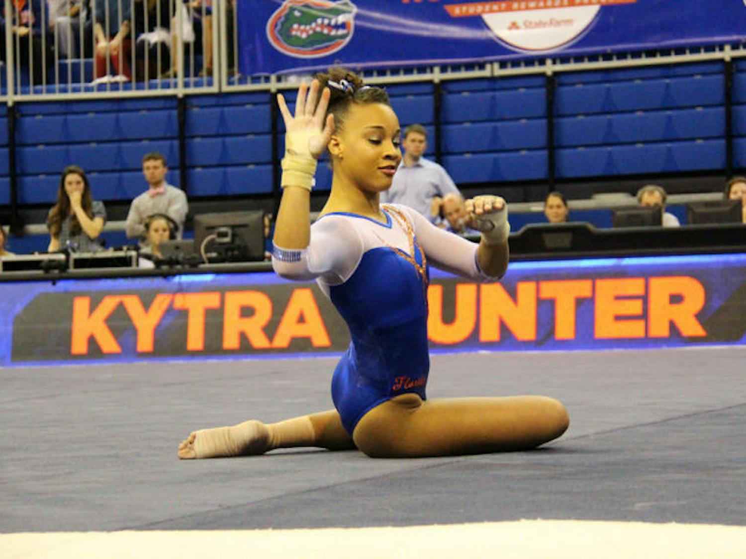 Kytra Hunter performs a floor routine on Friday in the O’Connell Center. Hunter scored a perfect 10 on the floor exercise for the second straight meet — the first consecutive 10s in program history.