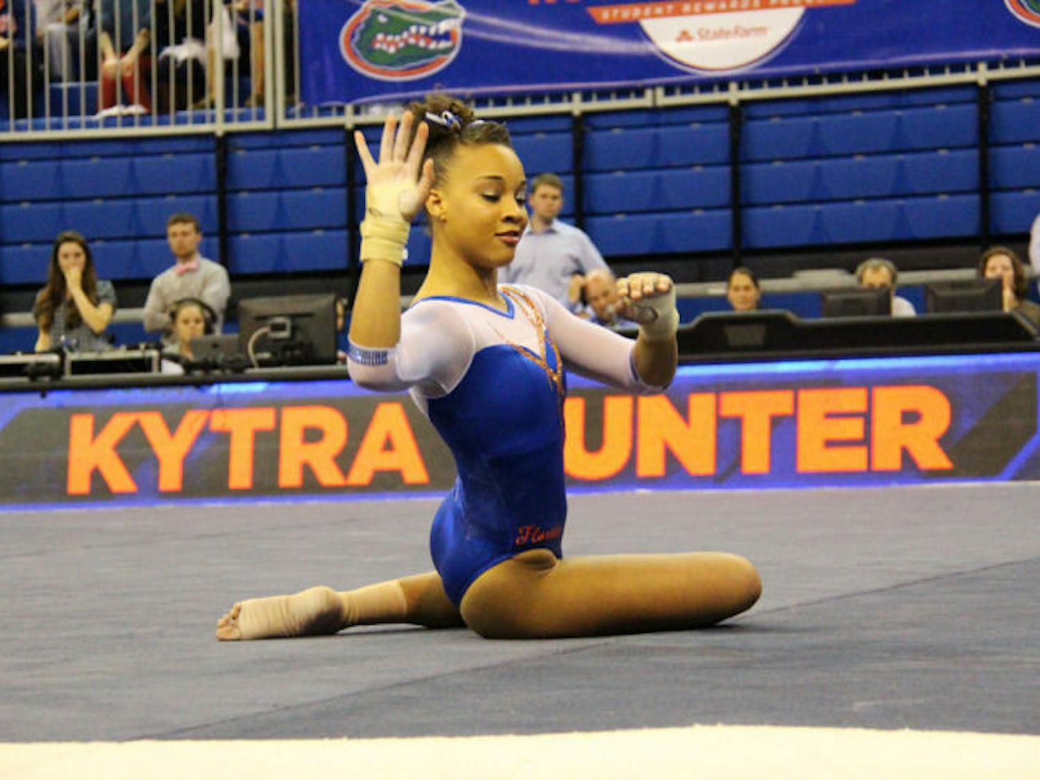 Kytra Hunter performs a floor routine on Friday in the O’Connell Center. Hunter scored a perfect 10 on the floor exercise for the second straight meet — the first consecutive 10s in program history.