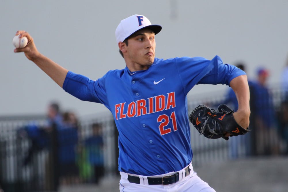 Alex Faedo pitches during Florida's 10-4 loss to Mississippi State on April 9, 2016, at McKethan Stadium.