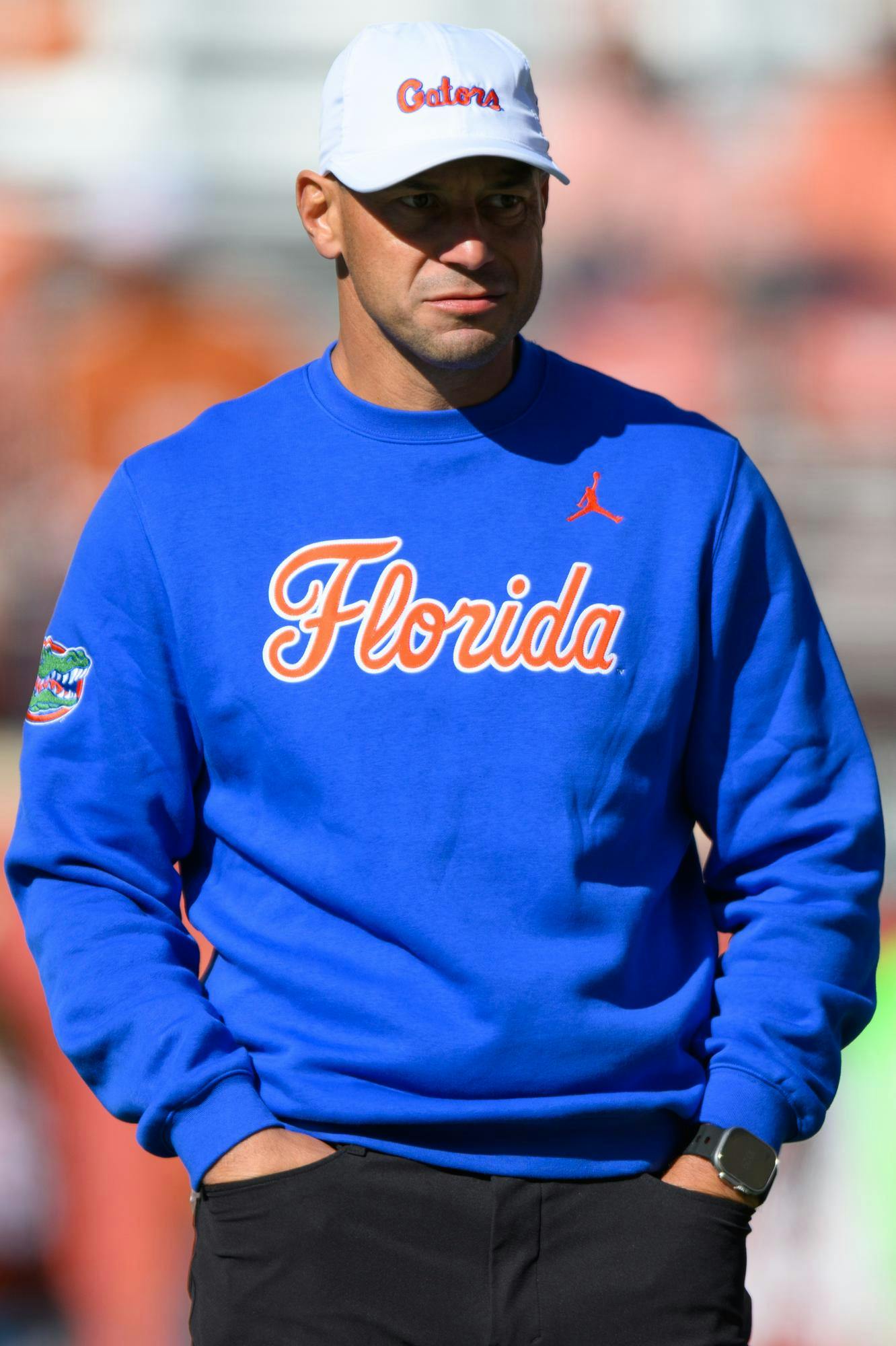 Florida head coach Jon Sumrall walks the field before an NCAA college football game against Texas, Friday, Oct. 16, 2026, in Austin, Texas.