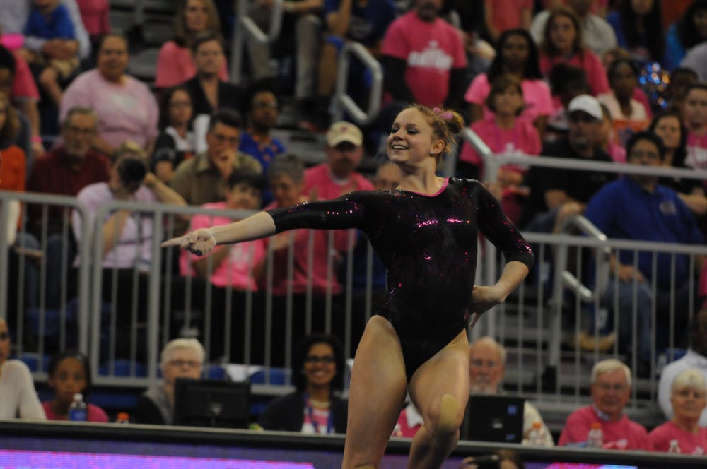 Bridgette Caquatto performs her floor routine during Florida's win against Arkansas on Feb. 12, 2016, in the O'Connell Center.