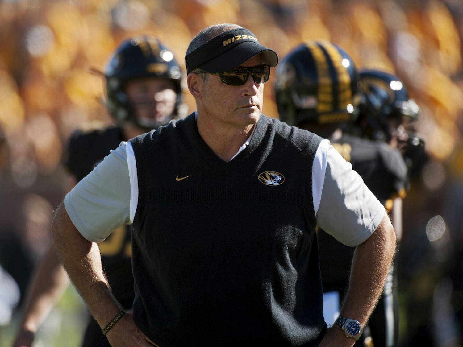 Missouri head coach Gary Pinkel watches his team warm up before the start of an NCAA college football game against Connecticut Saturday, Sept. 19, 2015, in Columbia, Mo. (AP Photo/L.G. Patterson)