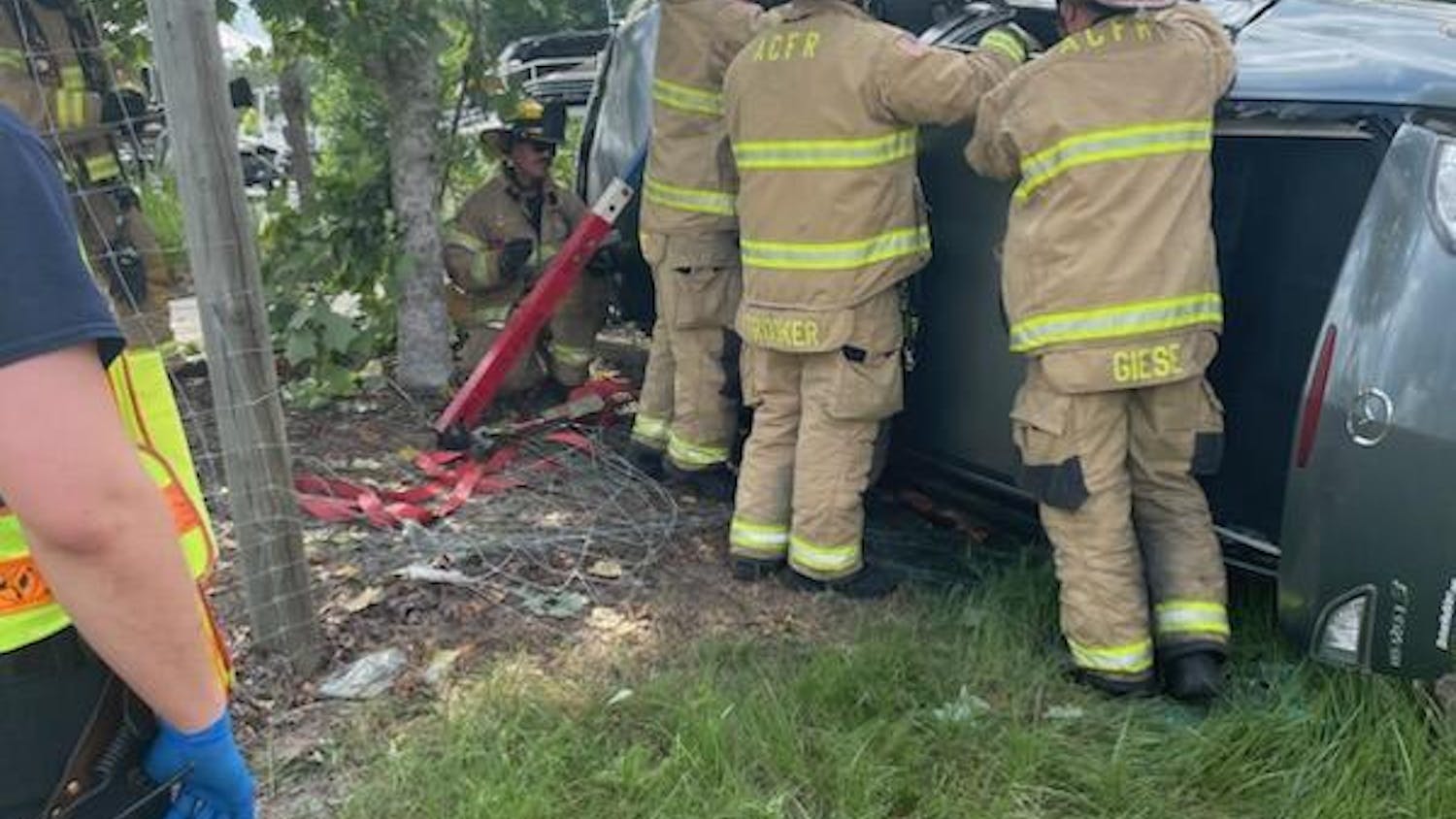 A car travelling Southbound I-75 lost control, turning over on its side and crossing into I-75 Westbound on Tuesday, May 28, 2024.