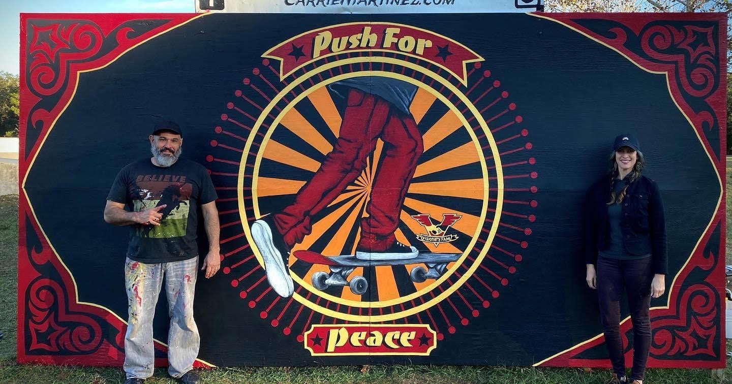 Carrie and Jesus Martinez painted a "Push for Peace" mural at Possum Creek Skatepark. Jesus Martinez said his clothes always end up caked in paint and sometimes become too stiff to wear again.

