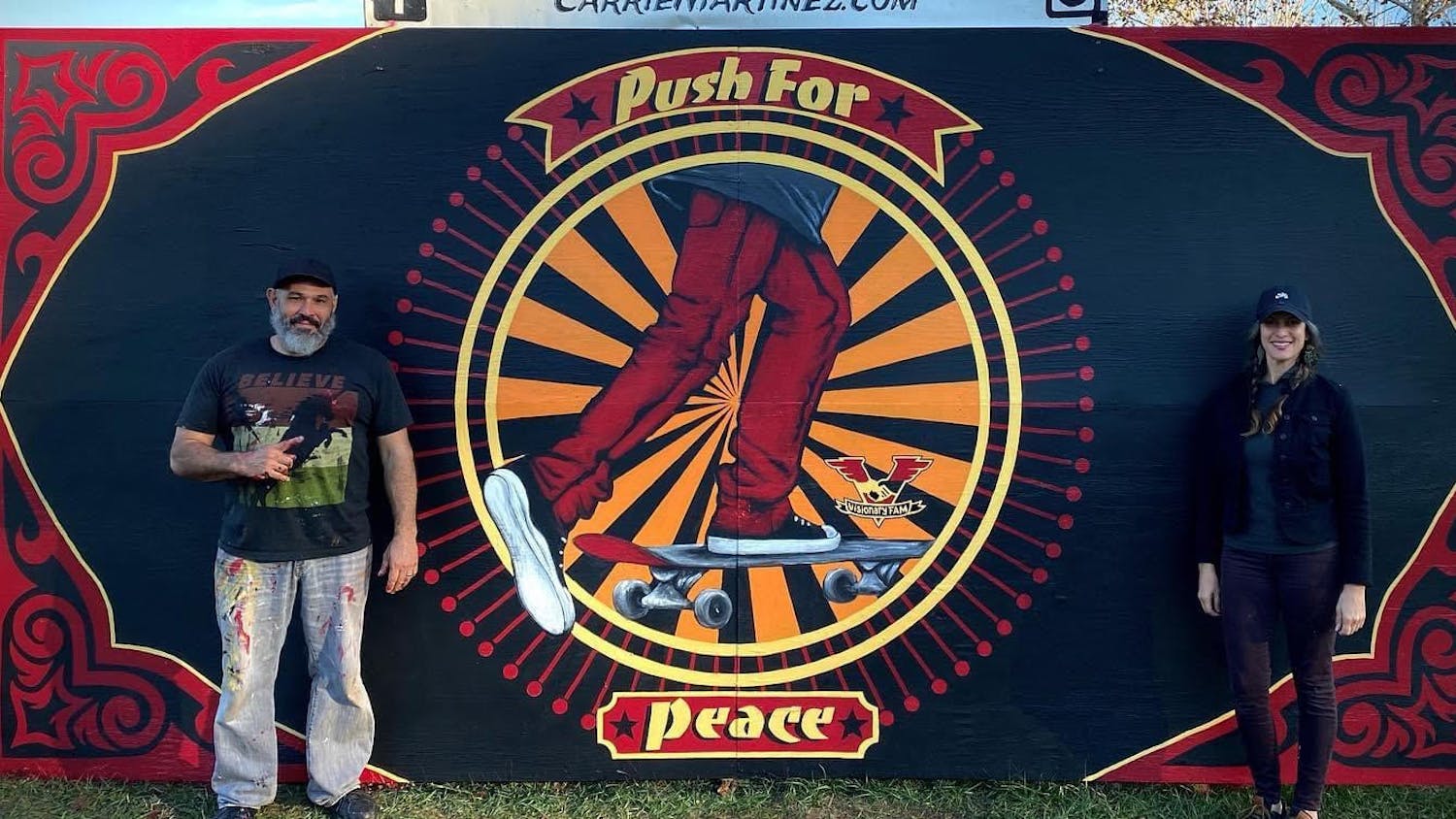 Carrie and Jesus Martinez painted a "Push for Peace" mural at Possum Creek Skatepark. Jesus Martinez said his clothes always end up caked in paint and sometimes become too stiff to wear again.
