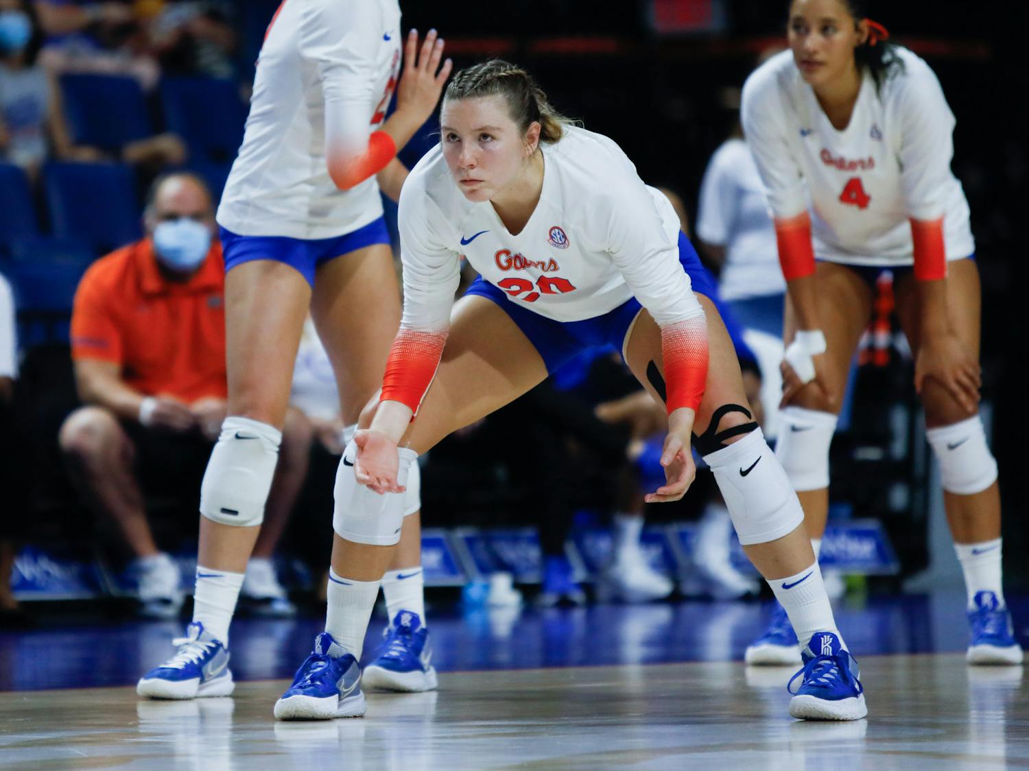 Florida outside hitter Thayer Hall prepares for a Mississippi State serve on Sept. 24, 2021. She poured in 11 kills in a 3-0 victory Wednesday night over Georgia. 
