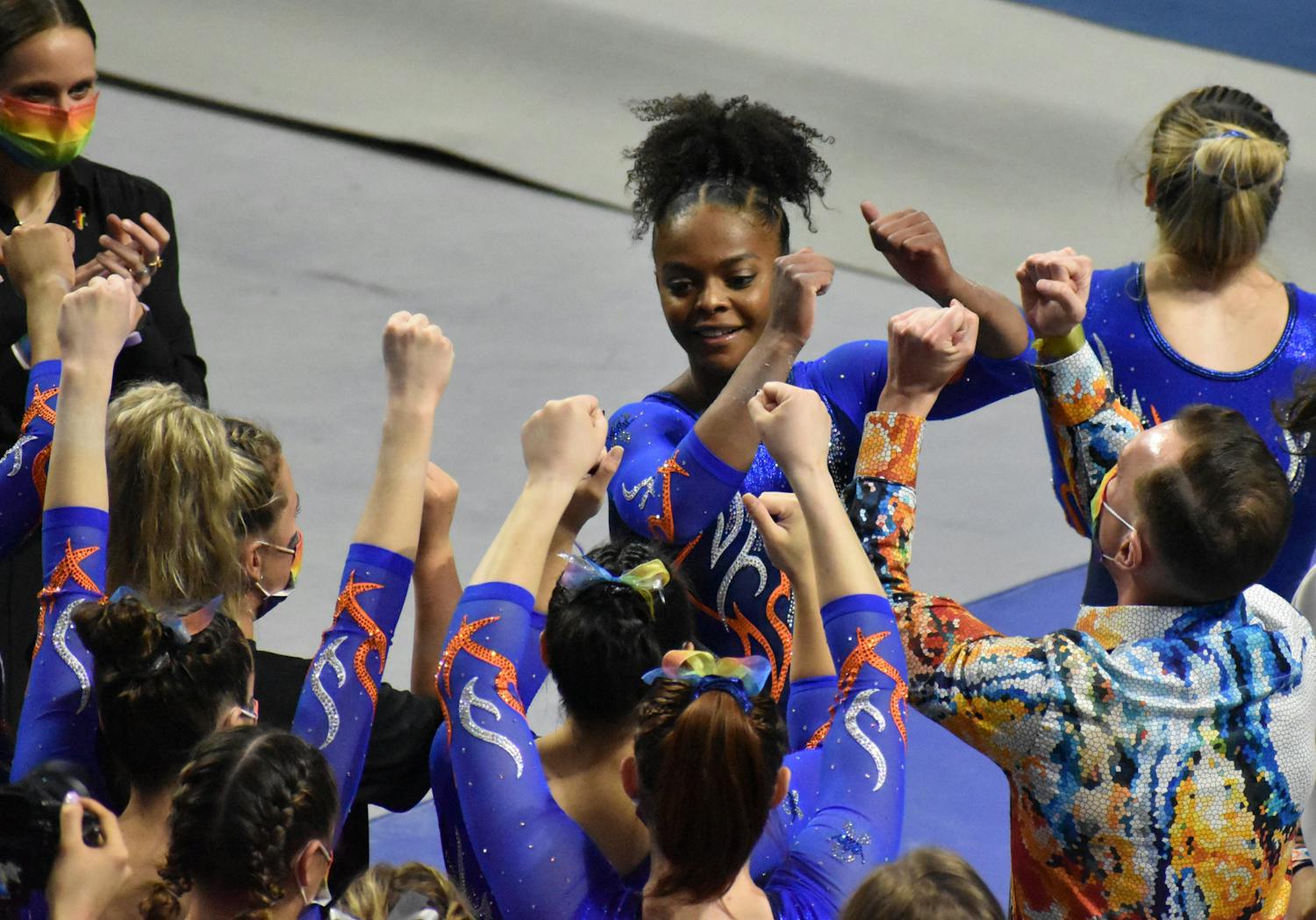Trinity Thomas leads her team in celebration against Missouri Jan. 29, 2021. Thomas announced Monday she will return for her fifth season at UF.