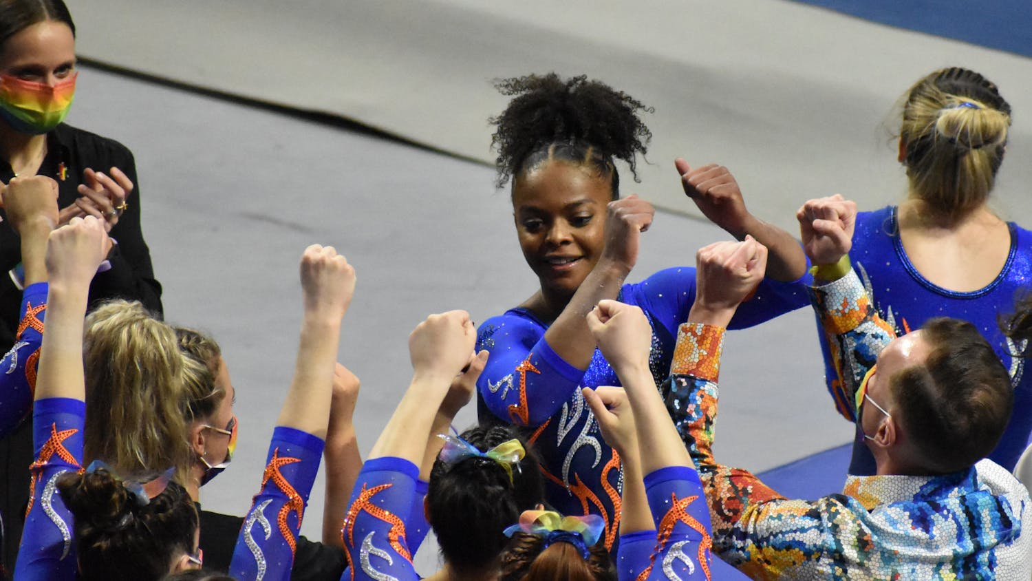 Trinity Thomas leads her team in celebration against Missouri Jan. 29, 2021. Thomas announced Monday she will return for her fifth season at UF.