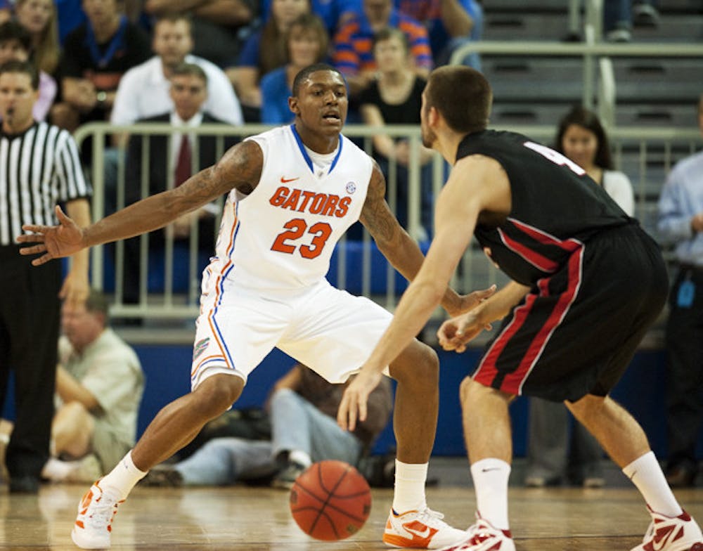 <p>Florida guard Brad Beal (23) was active on defense despite being the only UF starter to not record a steal against Stetson on Monday. The Gators recorded a season-best 14 steals in the 96-70 win.</p>