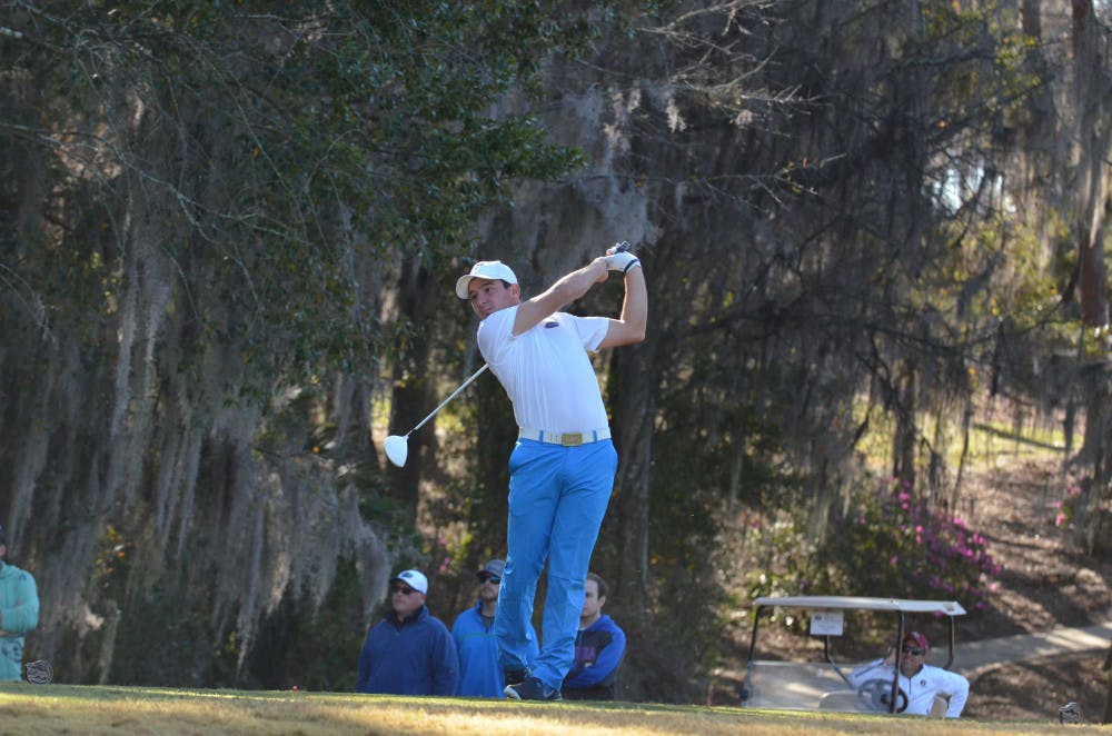 <p>Alejandro Tosti tees off during the 2016 SunTrust Gator Invitational at the Mark Bostick golf course.</p>