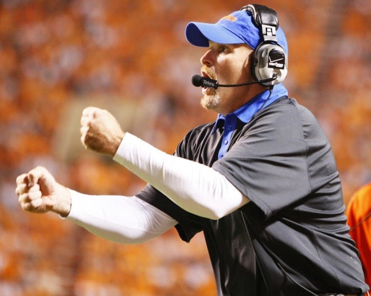 Defensive coordinator Dan Quinn yells to the defense during UF's 37-20 victory against Tennessee on Sept. 15.&nbsp;at Neyland Stadium. Florida faces Vanderbilt and versatile quarterback Jordan Rodgers this Saturday.