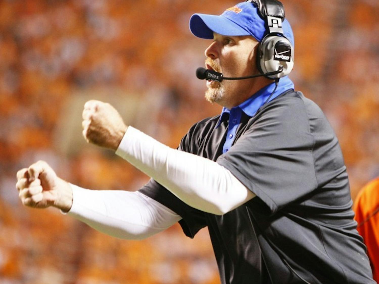 Defensive coordinator Dan Quinn yells to the defense during UF's 37-20 victory against Tennessee on Sept. 15. at Neyland Stadium. Florida faces Vanderbilt and versatile quarterback Jordan Rodgers this Saturday.