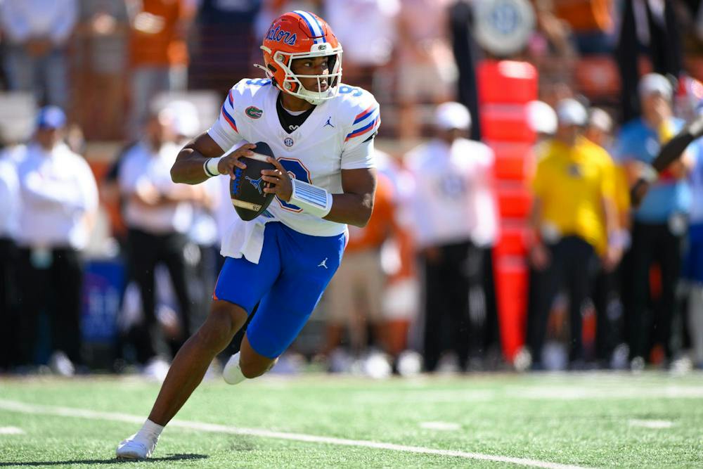 <p>Florida quarterback Tramell Jones Jr. (9) rolls out during the first half of an NCAA college football game against Texas, Saturday, Oct. 17, 2026, in Austin, Texas.</p>