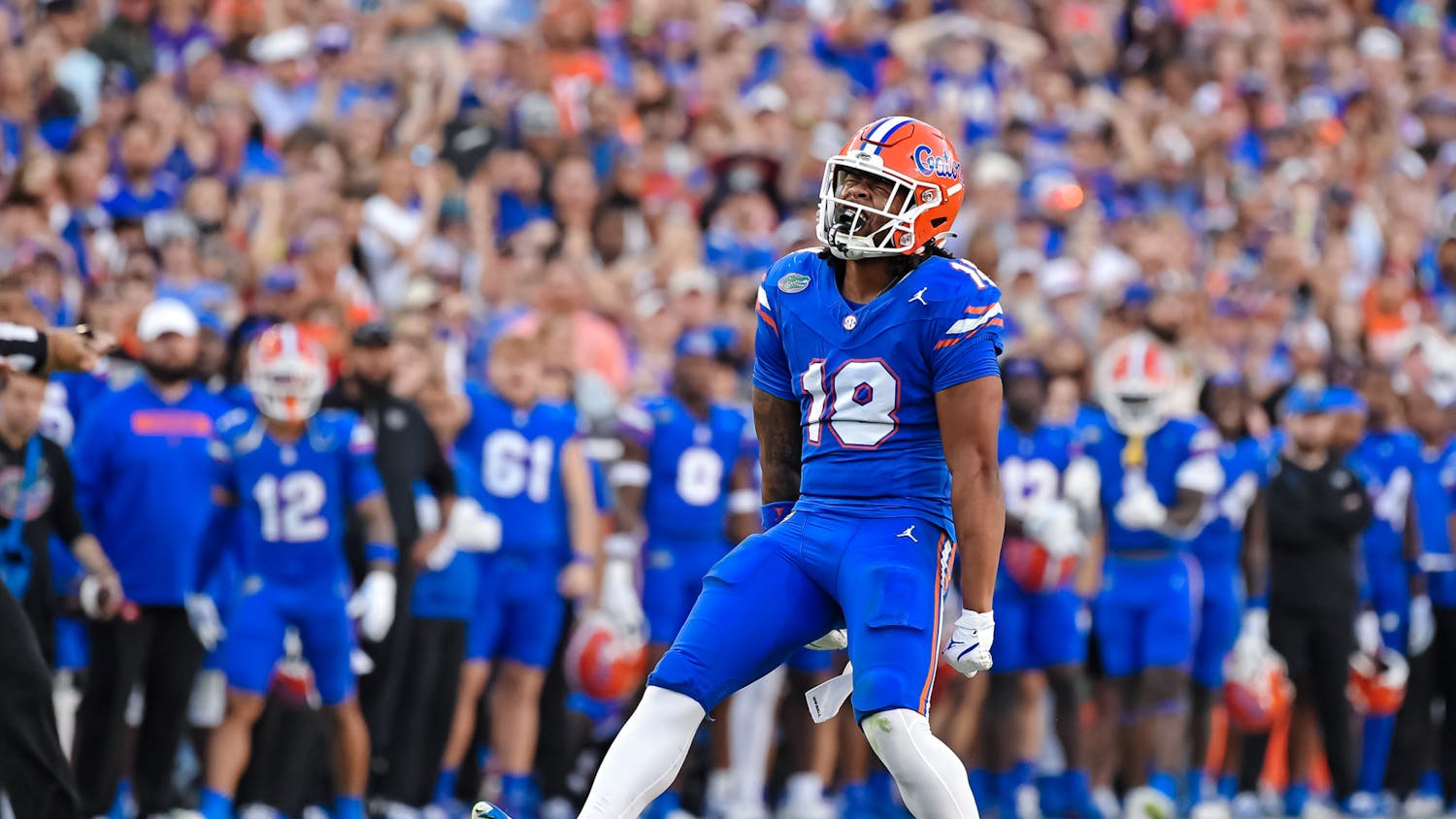 Bryce Thornton (18) celebrates a pass breakup during the first quarter against the Lousiana State Tigers at Ben Hill Griffin Stadium on Saturday, Nov. 16, 2024.