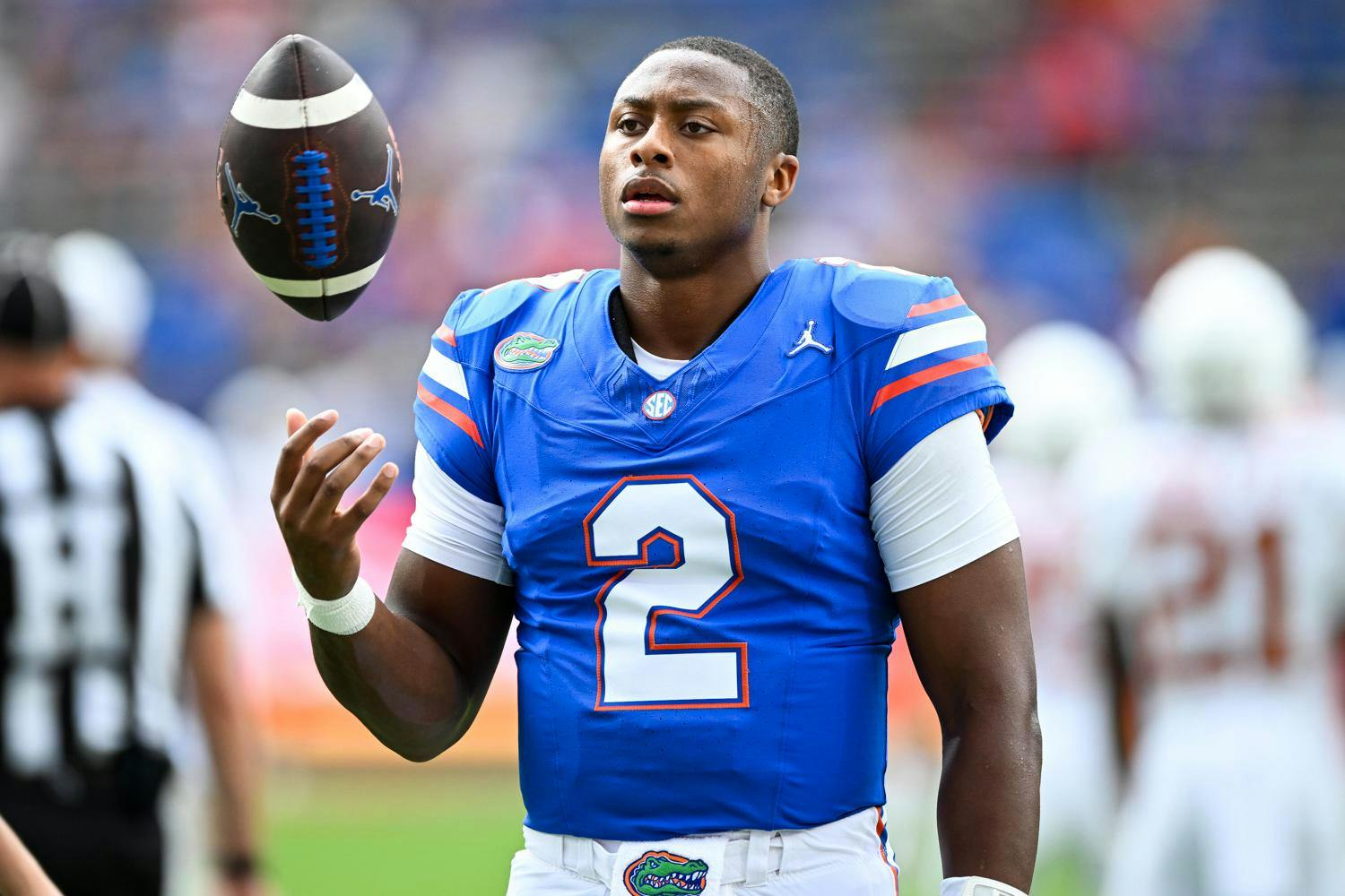 Florida Gators quarterback DJ Lagway (2) during warmups before a football game between the Texas Longhorns and the Florida Gators on Saturday, Oct. 4, 2025, at Ben Hill Griffin Stadium in Gainesville, Fla.