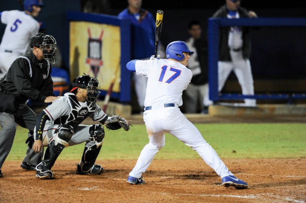 <p>Taylor Gushue bats during Florida’s 4-0 win against Maryland on Feb. 14 at McKethan Stadium. Gushue leads Florida with one home run and nine RBIs through the Gators’ first eight games.</p>