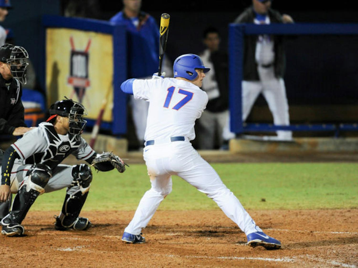 Taylor Gushue bats during Florida’s 4-0 win against Maryland on Feb. 14 at McKethan Stadium. Gushue leads Florida with one home run and nine RBIs through the Gators’ first eight games.