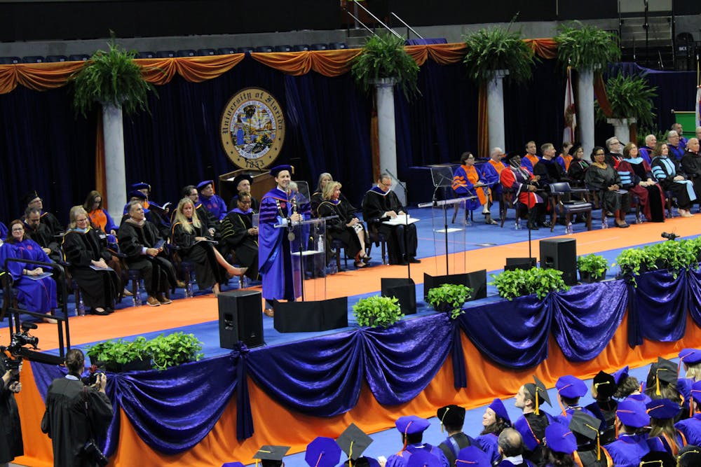 <p>UF president Ben Sasse speaks to doctoral candidates on Thursday, May 4, 2023. This is his first public speech on campus.</p>